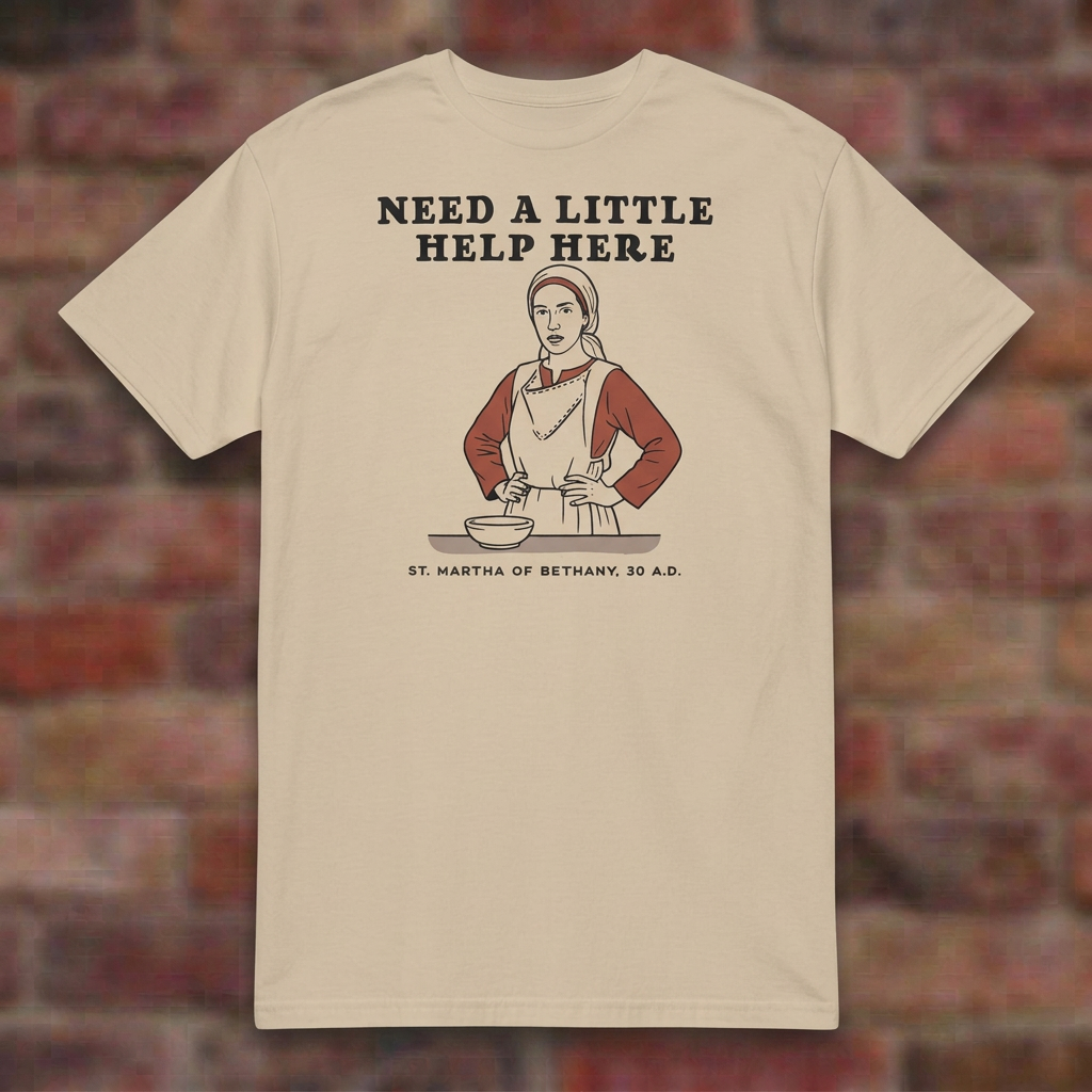 Martha T-shirt in Sand, overhead flat lay on softly blurred brick background