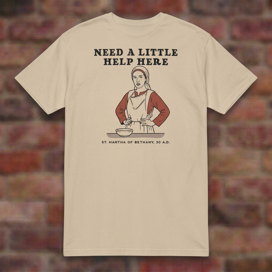 Martha T-shirt in Sand, overhead flat lay on softly blurred brick background