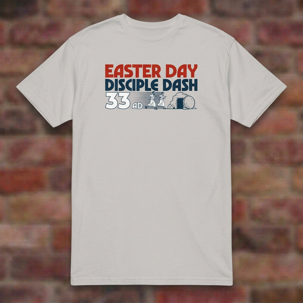 Easter Day Disciple Dash Ice Grey T-shirt flat lay on softly blurred bricks