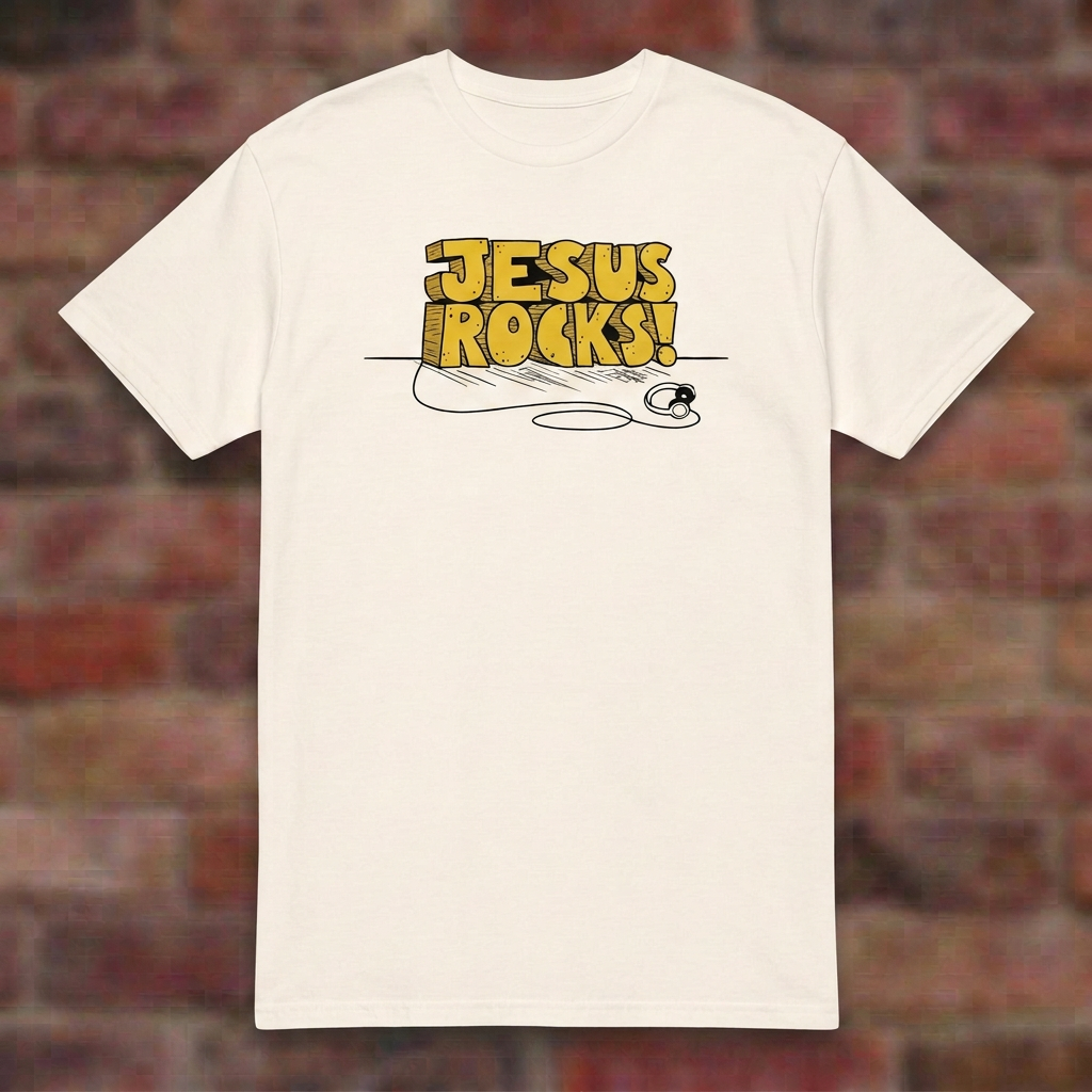 Jesus Rocks T-shirt in Natural, flat lay on blurred brick