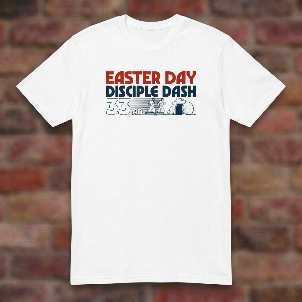 Easter Day Disciple Dash White T-shirt flat lay on softly blurred bricks